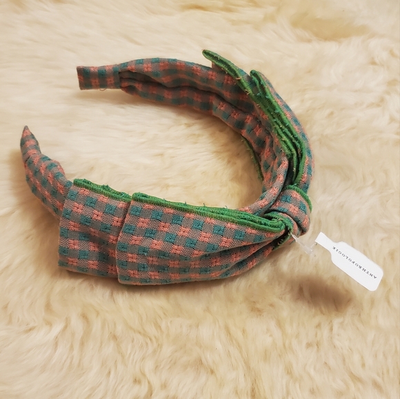 Anthropologie Sienna Bow Gingham Headband-  green/pink - Picture 3 of 7